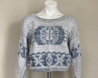 Vintage 80s Flyer Nordic Ski Crop Sweater Cotton Fair Isle Knit Medium Preppy