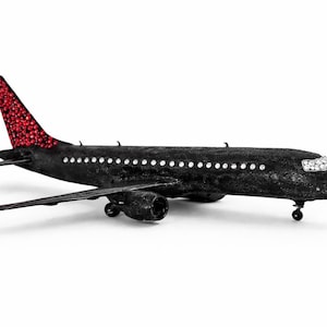 Può includere: Un modello di aereo nero con coda tempestata di gioielli rossi e accenti di gioielli bianchi lungo la fusoliera. Anche il muso dell'aereo è adornato con gioielli bianchi. Il modello ha due motori ed è ambientato su sfondo bianco.