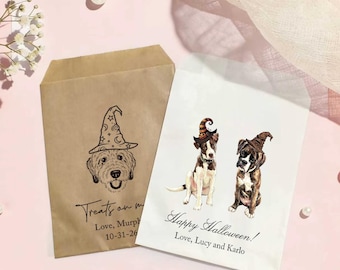 Custom Pet Portrait Treat Bags, Halloween Party Favors, Dog Cat Goodie Bags (1-3 Pets)