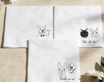 Custom Dog Cat Wedding Cocktail Napkins, Pet Portrait Napkins, Party Supplies
