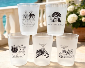 Custom Dog Cat Portrait Wedding Frosted Cups, Pet Wedding Plastic Cups, 16 oz/12 oz Drink Cups