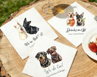 Custom Dog Wedding Cocktail Napkins, Pet Portrait Watercolor Napkins, Party Supplies