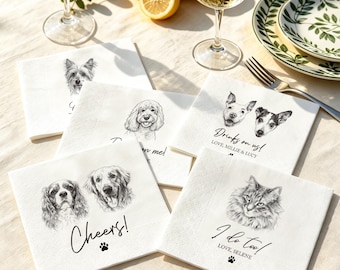 Custom Pet Portrait Wedding Napkins, Personalized Cocktail Napkins for Dogs & Cats, Party Supplies for Bridal Shower