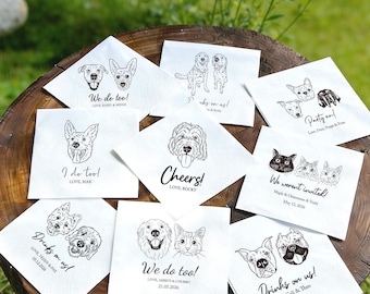 Custom Pet Portrait Cocktail Napkins, Hand-Drawn Dog Cat Face for Wedding, Engagement, Baby Shower, 1-3 Pets, Drinks Napkins