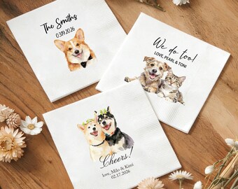 Custom Pet Portrait Cocktail Napkins, Dog Wedding Beverage Napkins, Party Supplies