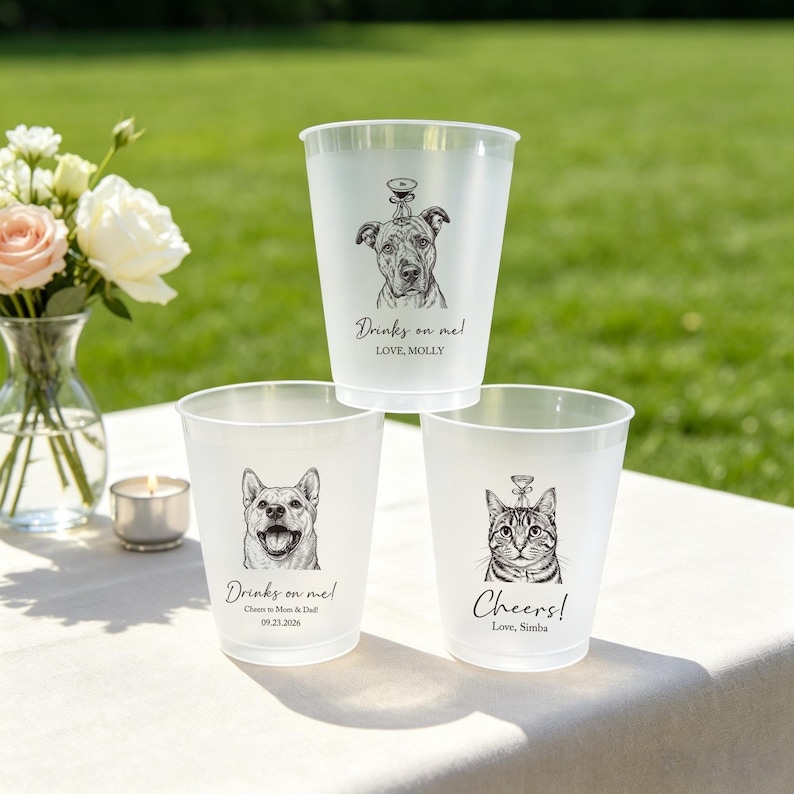 May include: Three frosted plastic cups featuring black ink illustrations of pets. The top cup shows a dog with the text "Drinks on me! LOVE, MOLLY". The bottom left cup shows a dog with "Drinks on me! Cheers to Mom & Dad 09.23.2026". The bottom right cup shows a cat with "Cheers! LOVE, SIMBA".