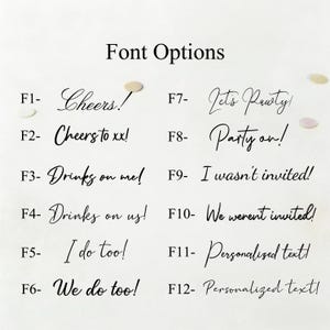 May include: A list of twelve font options labeled F1 through F12, each displaying a unique black script or print typeface. The text samples include phrases such as Cheers!, Drinks on me!, I do too!, Let's Party!, and Personalized text!.