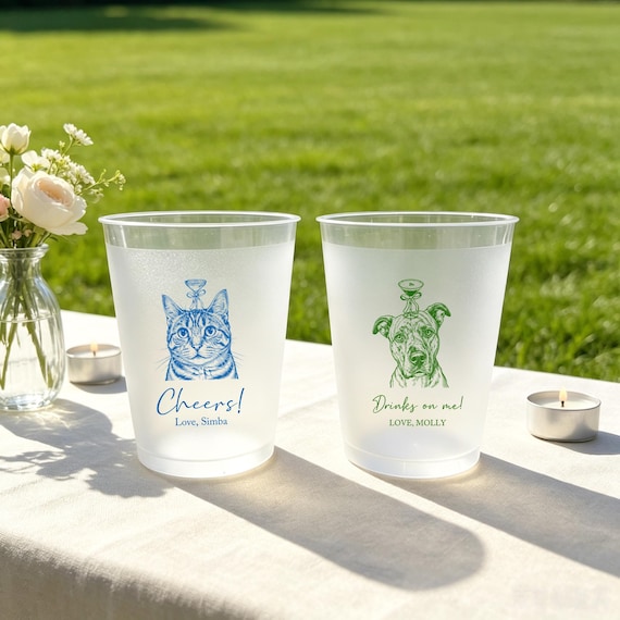 Custom Pet Portrait Frosted Cups, Cat Dog Wedding Drinkware, 12oz/16oz Plastic Cups