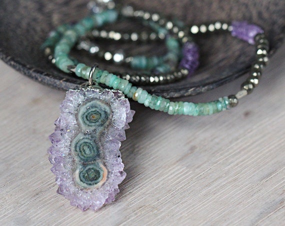 Long Emerald and Amethyst Necklace - Unique Stalactite Statement Necklace - Boho Luxe Jewelry