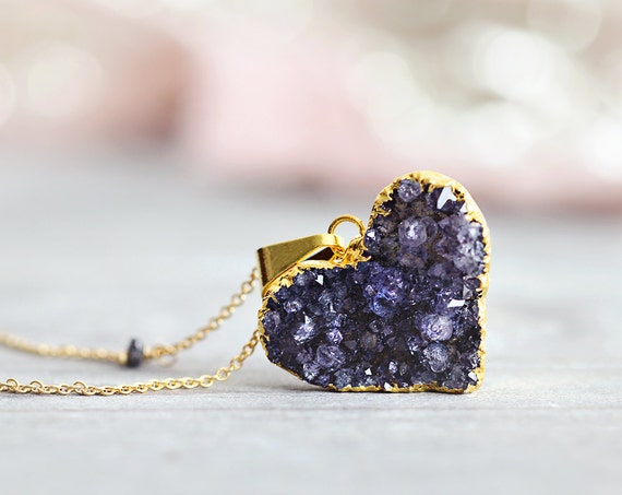 Black Heart Necklace - Druzy Heart Pendant