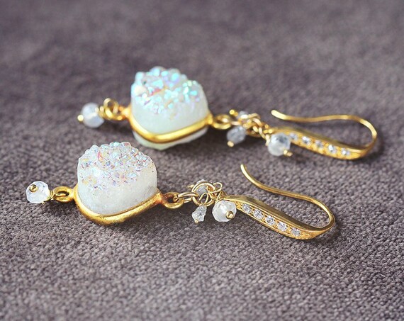 Druzy Statement Earrings - Druzy, Diamond and Moonstone Earrings