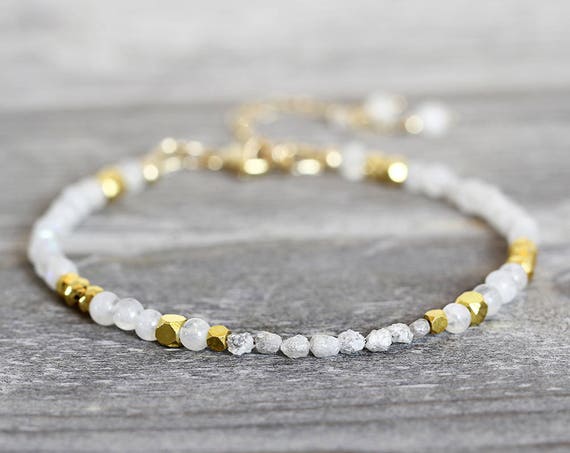Skinny White Diamond Bracelet - Dainty Moonstone Bracelet