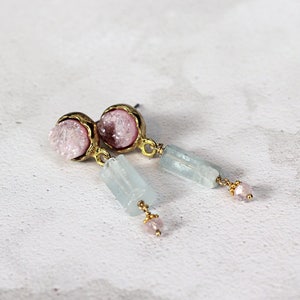 Raw Aquamarine & Rose Quartz Earrings Druzy Drop Earrings March Birthstone Healing Crystal Jewelry Unusual Multi Stone Earrings image 1