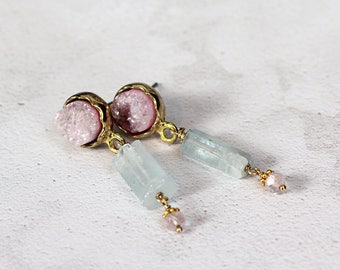 Raw Aquamarine & Rose Quartz Earrings - Druzy Drop Earrings -  March Birthstone - Healing Crystal Jewelry -  Unusual Multi Stone Earrings