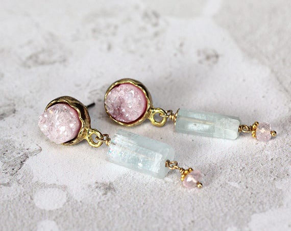 Alternative Wedding Earrings - Aquamarine & Rose Quartz Earrings
