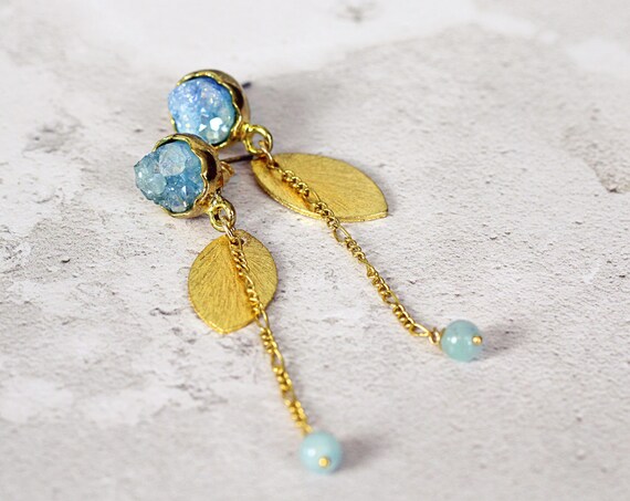 Blue Druzy Earrings - Long Earrings - Unusual Earrings - Aquamarine Earrings - Unusual Jewelry - Long Gold Earrings - Statement Earrings
