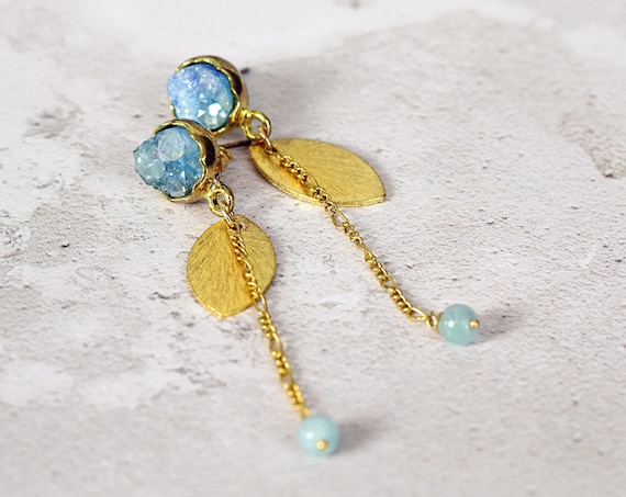 Blue Druzy Earrings - Long Gold Earrings
