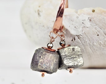 Pyrite Cube Earrings – Raw Stone Earrings – Pyrite Jewelry - Rose Gold Earrings - Modern Earrings - BACK IN STOCK