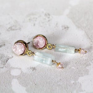 Raw Aquamarine & Rose Quartz Earrings Druzy Drop Earrings March Birthstone Healing Crystal Jewelry Unusual Multi Stone Earrings image 2