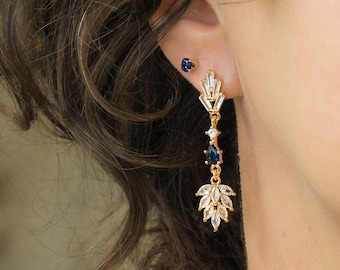 Blue Crystal Chandelier Drop Earrings - Art Deco Geometric Jewelry - Bridal Wedding, Formal Wear, Evening Party, Statement Gold Earrings