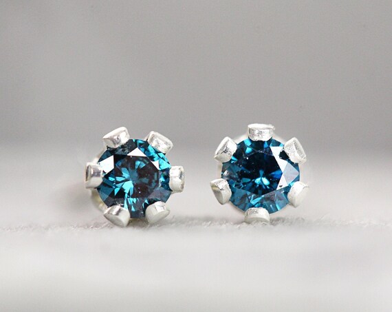 Tiny Blue Diamond Studs - 2mm Blue Diamond Earrings