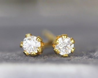 White Diamond Stud Earrings Yellow Gold - 2mm Diamond Earrings - Tiny Diamond Studs - Fine Jewelry Earrings - Diamond Gift For Him or Her