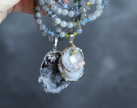 Diamond, Druzy & Labradorite Necklace - Gray Necklace