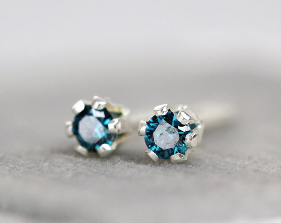 Tiny Blue Diamond Studs - 2mm Blue Diamond Earrings