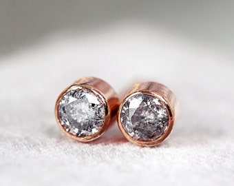 Grey Diamond Stud Earrings - Rose Gold Diamond Earrings - Tiny Stud Earrings - Salt and Pepper Diamond Earrings - Galaxy Diamond Jewelry