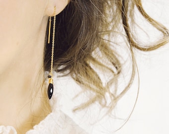 Black Spinel Earrings - Long Threader Earrings - Black Diamond Earrings - Long Black Earring - Elegant Earrings - Black Spinel Gold Earrings