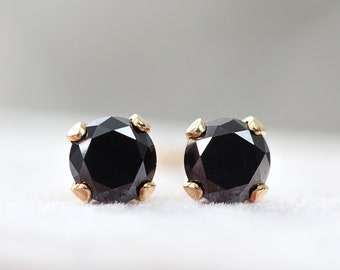 Black Diamond Stud Earrings Solid Gold - Black Diamond Studs - Gold Diamond Earrings 3mm - Black Diamond Earrings Gold - Tiny Diamond Stud
