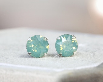 Sea Green Crystal Stud Earrings, Mint Aqua Opalescent Post Earrings, Pacific Opal Beach Summer Jewelry, Sterling Silver Hypoallergenic Studs