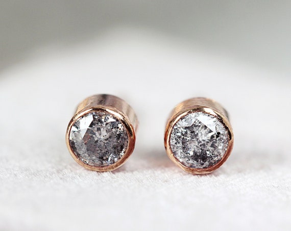 Grey Diamond Stud Earrings - Rose Gold Stud Earrings - Tiny Stud Earrings