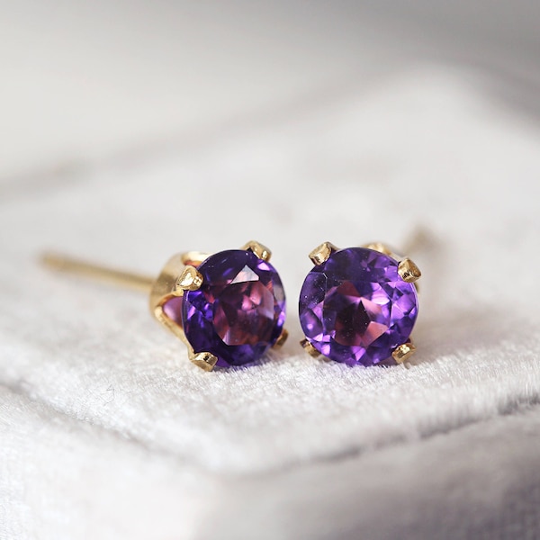 Amethyst Stud Earrings - Unisex Gemstone Studs - February Birthstone Gift - Purple Amethyst Earrings Gold - Spiritual Intuition Stone