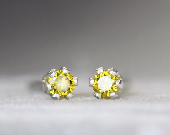 Yellow Diamond Earrings - 2mm Tiny Real Diamond Stud Earrings