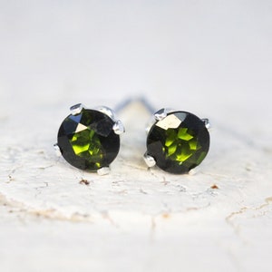 Elegant Dark Green Tourmaline Stud Earrings in Silver or Gold, October Birthstone Earrings, Olive Green Jewellery Gift