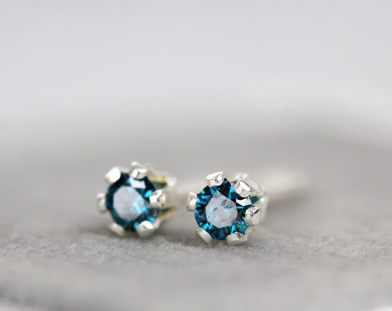 Tiny Blue Diamond Studs - 2mm Blue Diamond Earrings