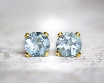 Blue Aquamarine Earrings - March Birthstone - Pale Blue Earrings - Genuine Aquamarine Stud Earrings - Gold Earrings - Earrings For Mom