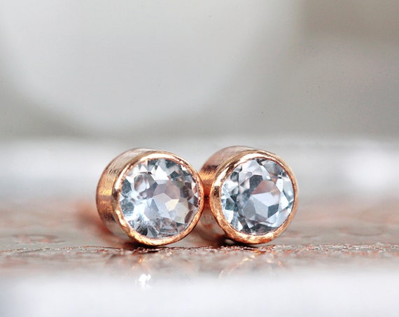 Aquamarine Earrings Studs - Tiny Rose Gold Studs - Minimal Stud Earrings