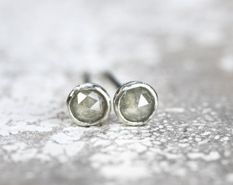 Grey Diamond Post Earrings - Minimalist Unisex Earrings for Men or Women - Rose Cut Diamond Studs Bezel Set in Silver or Gold - Fine Jewelry