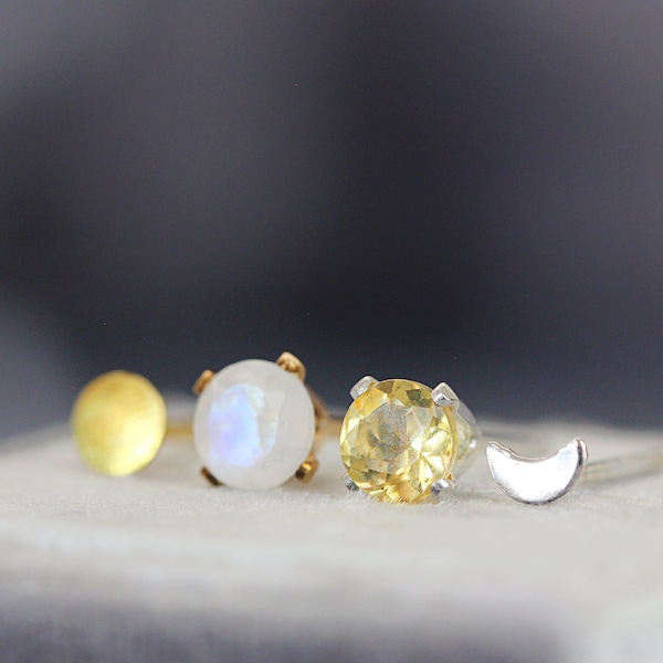 Sun And Moon Stud Earring Set - Mix And Match Earrings - Silver & Gold Celestial Earrings - Mismatched Earrings - June November Gift Idea