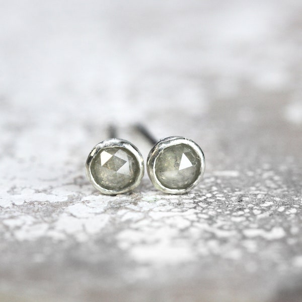 Grey Diamond Post Earrings - Minimalist Unisex Earrings for Men or Women - Rose Cut Diamond Studs Bezel Set in Silver or Gold - Fine Jewelry
