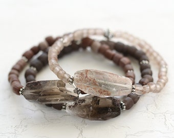 Smoky Quartz Bracelet - Raw Crystal Bracelet - Rough Stone Bracelet - Unisex Jewelry - Brown Bead Bracelet