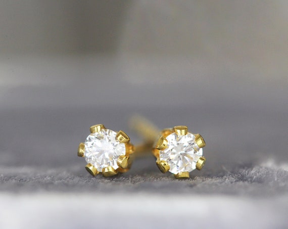 White Diamond Stud Earrings Yellow Gold - Tiny 2mm Diamond Earrings