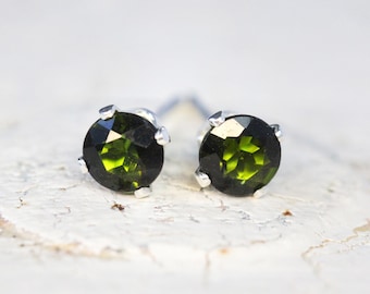 Elegant Dark Green Tourmaline Stud Earrings in Silver or Gold, October Birthstone Earrings, Olive Green Jewellery Gift