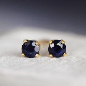 Dark Blue Sapphire Stud Earrings - September Birthstone - Anniversary Gift - Indigo Blue Studs Gold or Silver - Unisex Studs, Single or Pair
