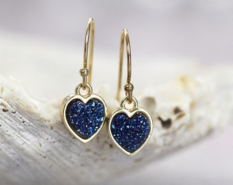 Love Heart Earrings - Blue Druzy Earrings Gold or Silver - Dainty Dangle Earrings - Gift for Women, Girls, Teens - Sparkly Pretty Earrings