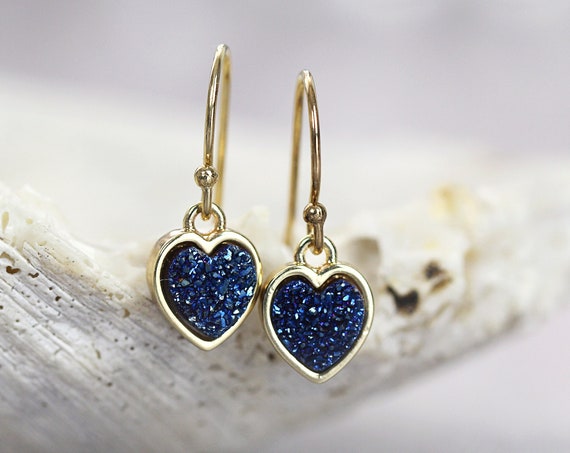 Love Heart Earrings - Blue Druzy Earrings Gold or Silver