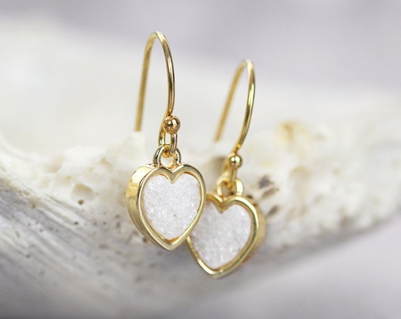 White Druzy Heart Earrings Gold or Silver - Valentine's Love Gift For Girlfriend or Wife