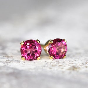 Mystic Pink Topaz Earrings - Hot Pink Earrings - November Birthstone Jewelry - Fine Jewelry Dainty Earrings - Minimalist Gold Stud Earrings